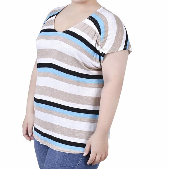NY Collection Plus Size V-Neck Striped Top Turquoise Multi Stripe, Size 2X, NWT - Picture 2 of 5